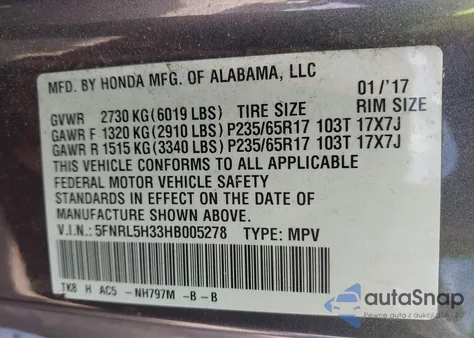 2017 Honda Odyssey Se из США, поврежденный, VIN 5FNRL5H33HB005278